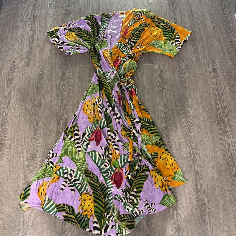 Farm Rio Mixed Striped Bananas Maxi Wrap Dress, Size S - Picture 2 of 12